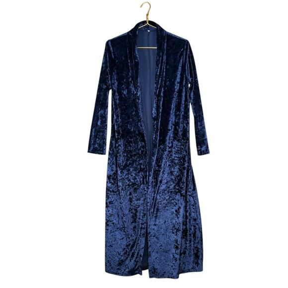 Navy Blue Jewel Tone Crushed Velvet Longline Cardigan Duster | Open Front | Sm - Picture 9 of 10
